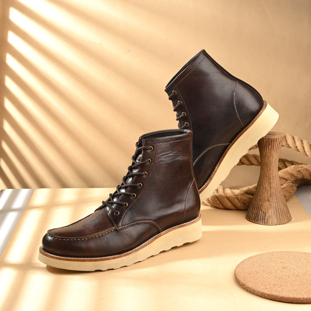 Moc-Toe Boots – Handcrafted from Horween Chromexcel leather, featuring a Vibram Christy sole, full leather lining, and hand-welted construction for lasting durability and comfort.