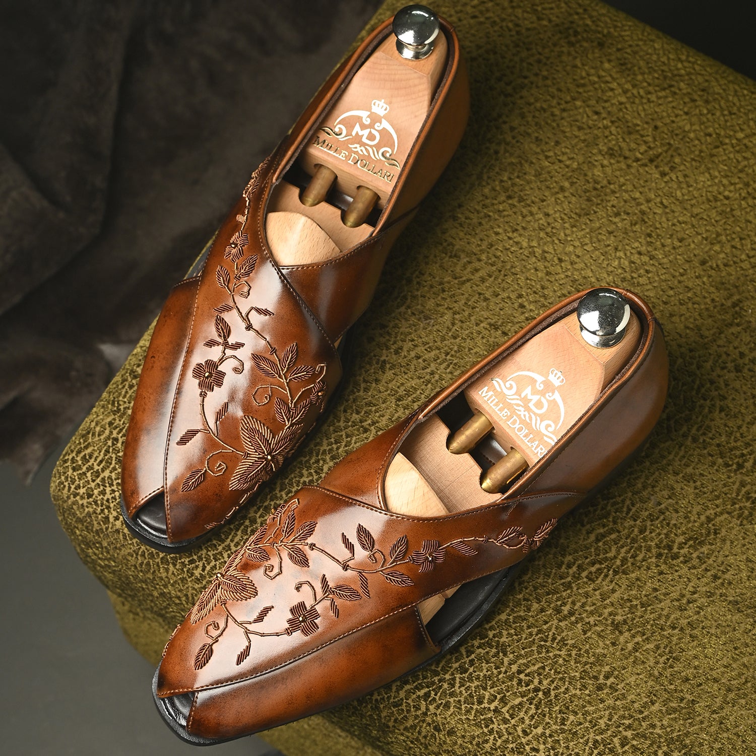 Men’s handcrafted brown embossed leather sandals with floral engraved upper and open-side slip-on design