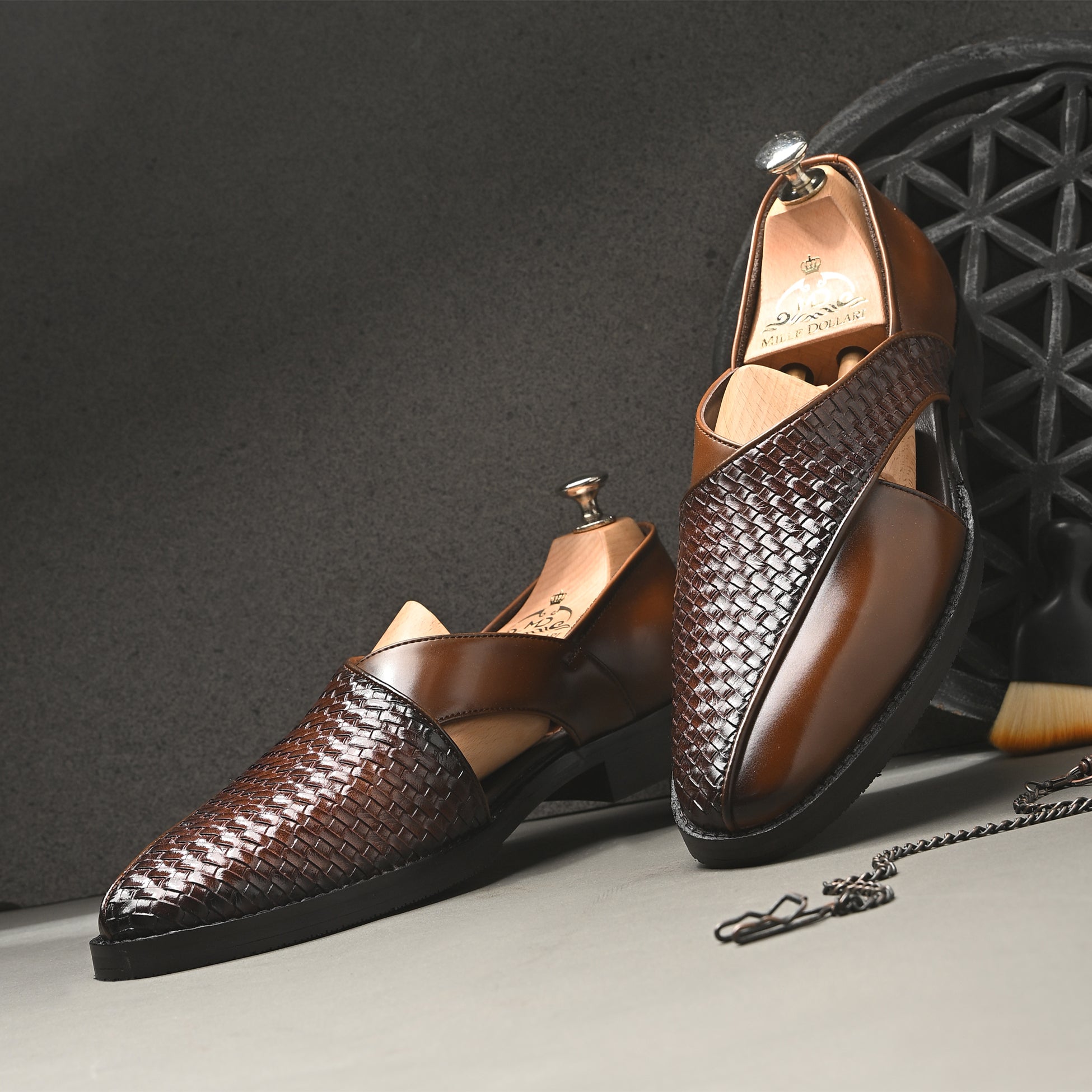 Men’s handcrafted brown woven leather open-side sandals with premium slip-on design