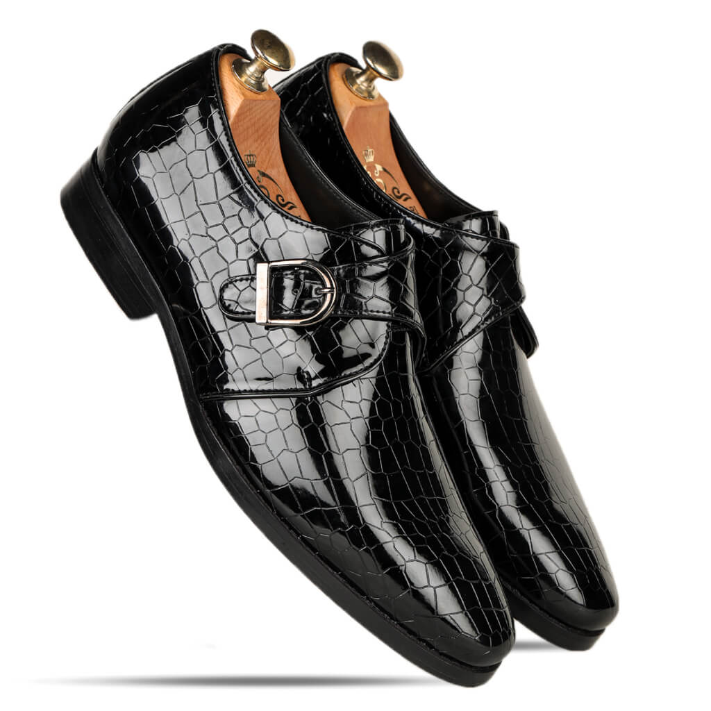 Versatile Eleganc Black Single Patent Croco Monkstrap