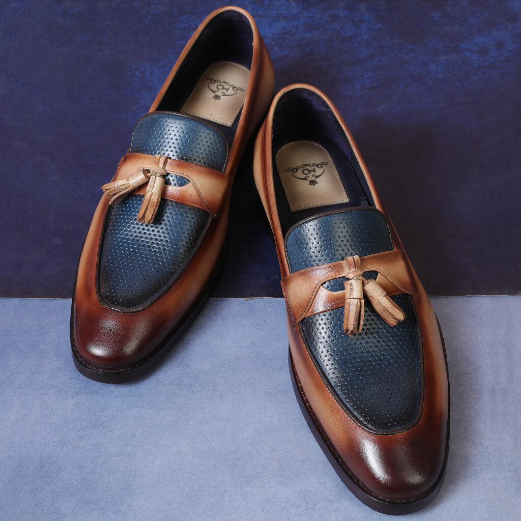 "Mushashi Blue & Beige Tassel Loafers by Mille Dollari, featuring a rich two-tone design, tassel detailing, and a blend of classic style with modern elegance."