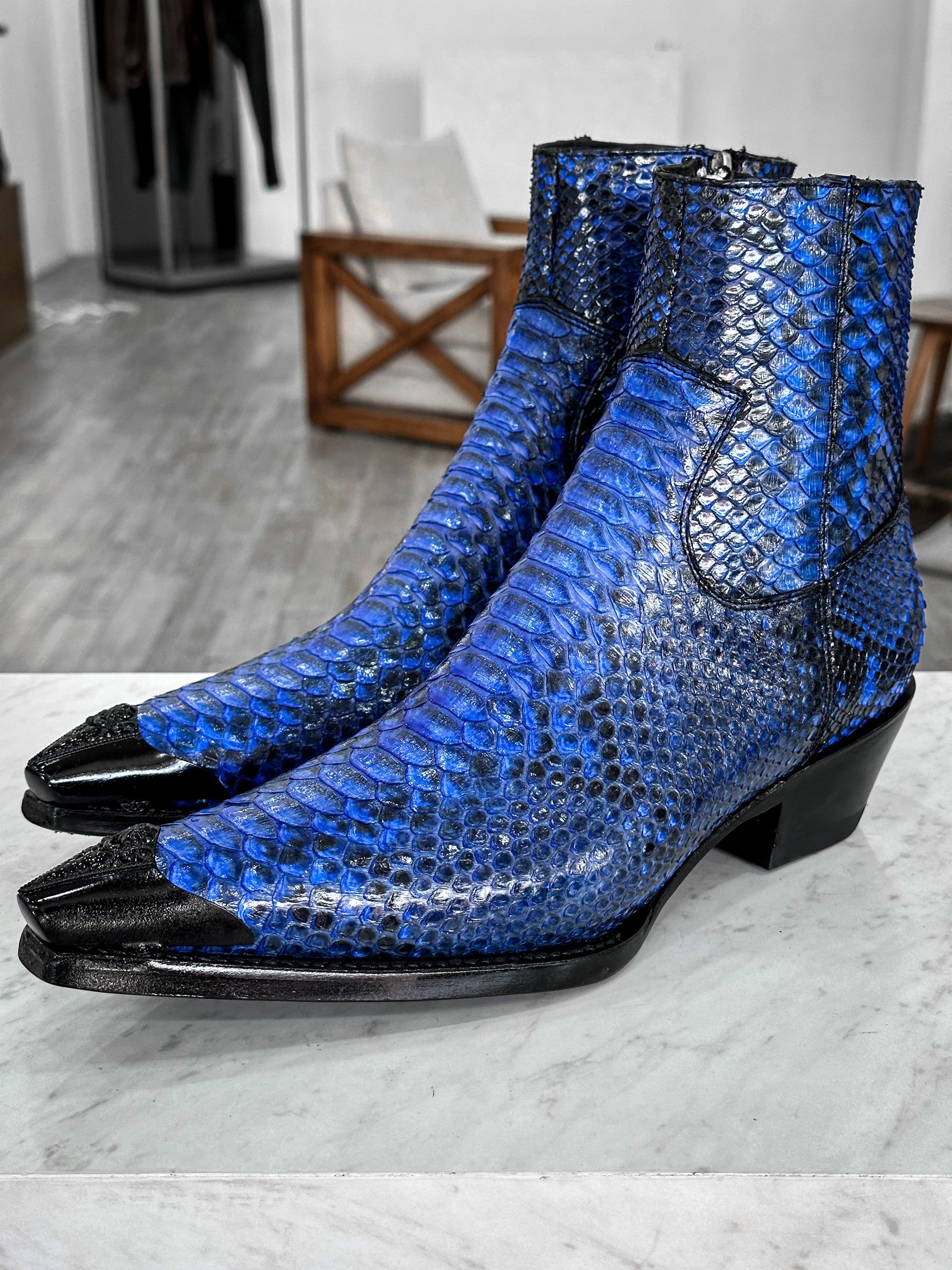 Men’s Blue Python Leather Ankle Boots | Exotic Snakeskin Texture | Side Zipper Luxury Boots