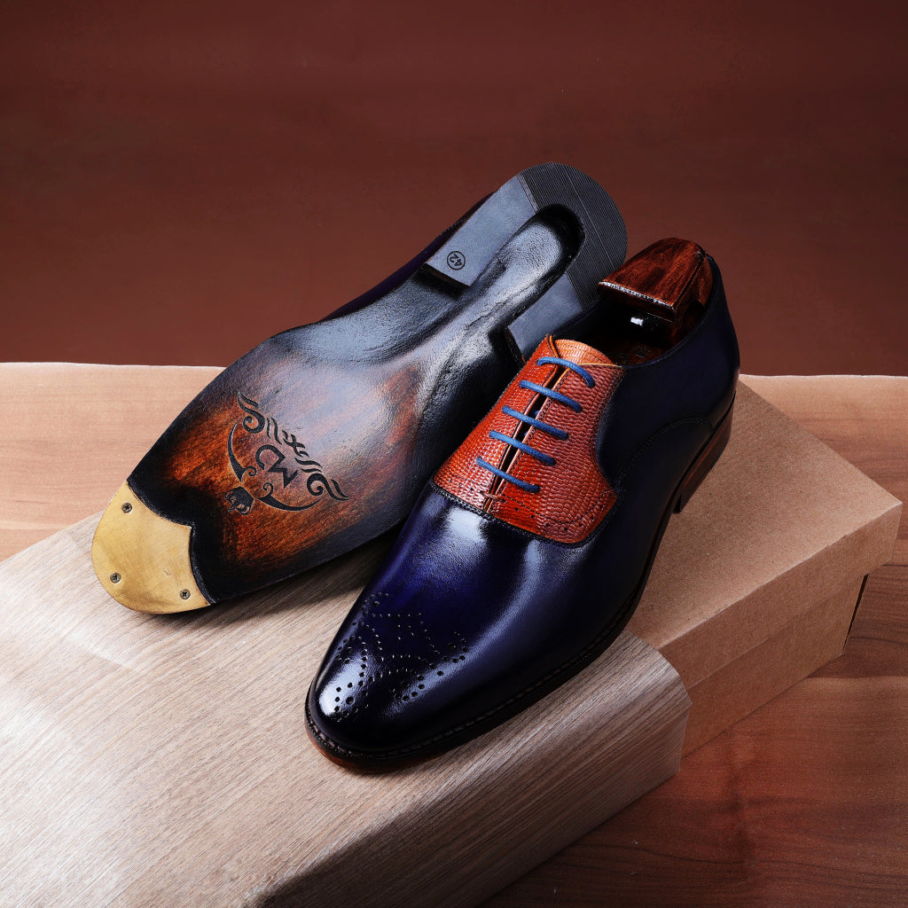 Blue Goodyear Welted Oxford Shoes with gold metal toe and horseshoe heel