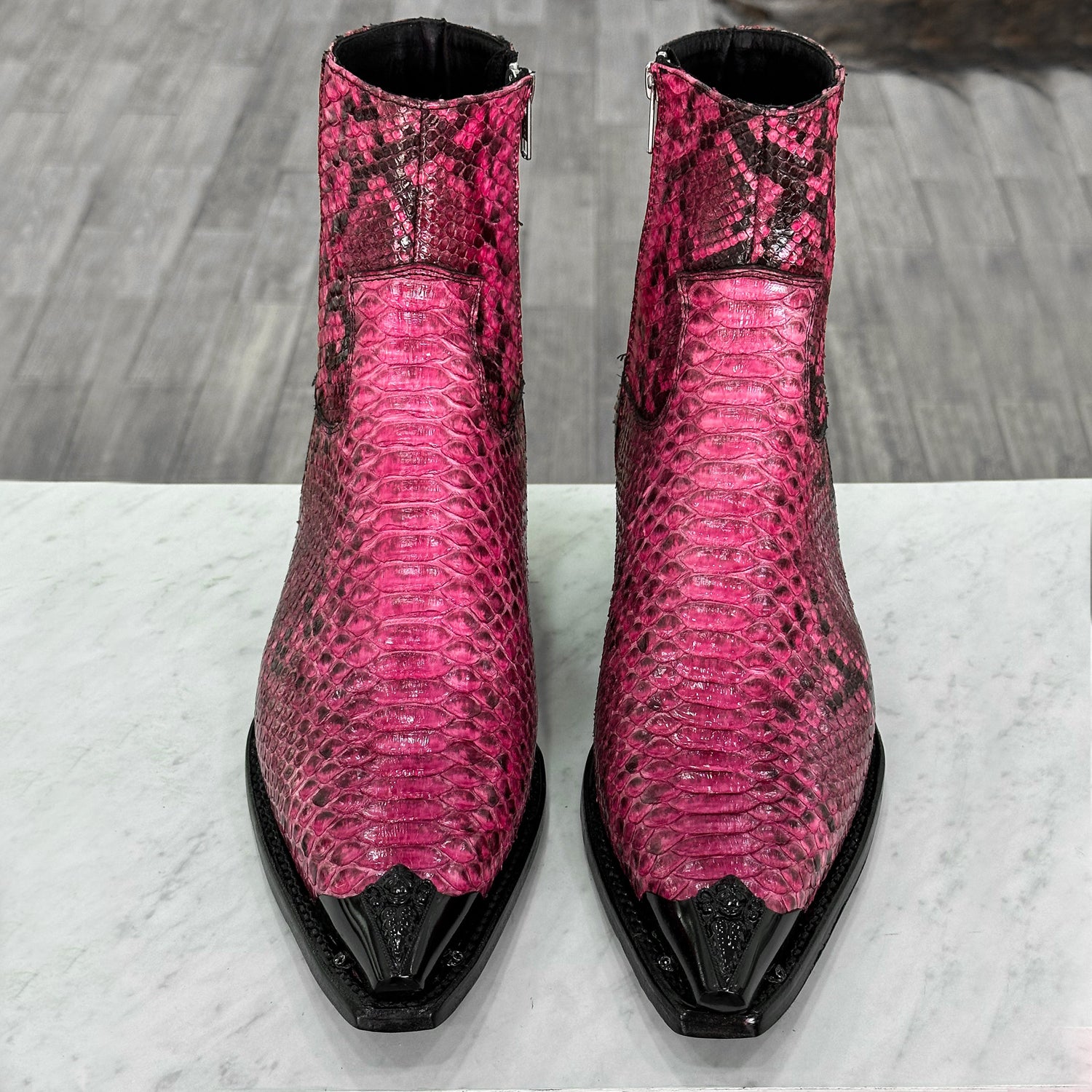 Men’s Pink Python Texture Leather Ankle Boots | Luxury Exotic Skin Zip-Up Dress Boots