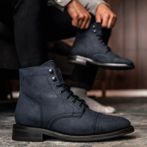 Azure Forge Matte Blue Leather Boots with striking matte blue leather, lightweight Dainite sole, Goodyear welt construction, glove leather lining, reinforced eyelets, and cork-bed midsoles for custom fit.