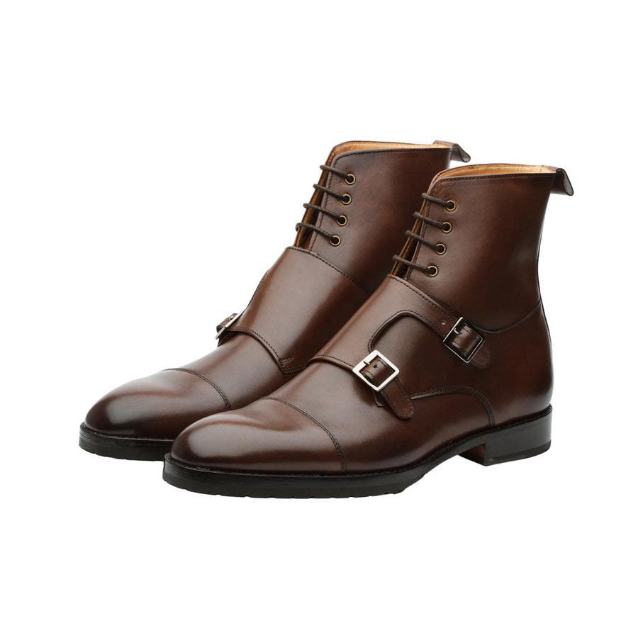 Men’s brown leather monk strap ankle boots with lace-up design and buckle closure
