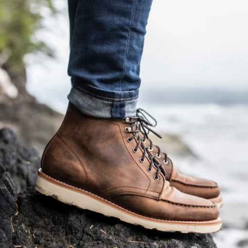 Sundown Trail Tobacco Moc Toe Boots with Vibram Sole and Timeless Craftsmanship