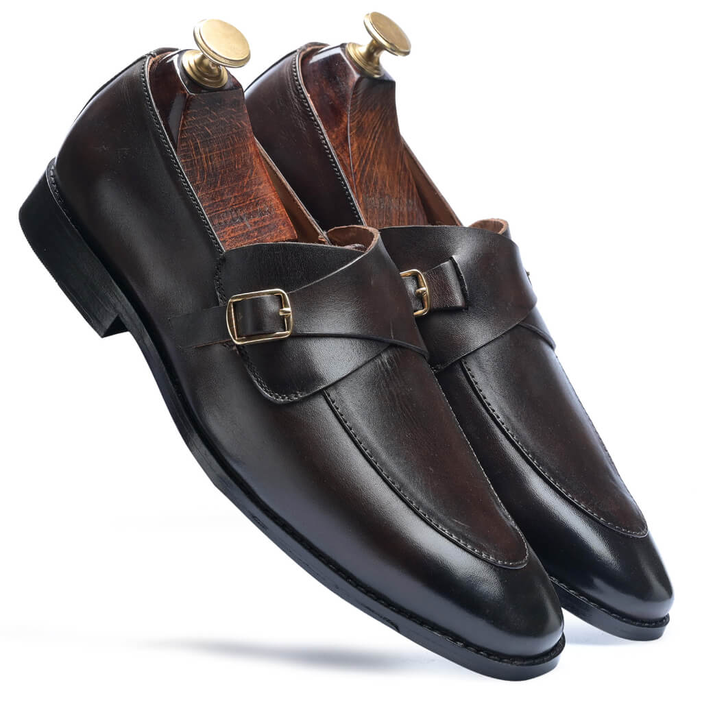 Drake Cross Monk in Brown and Tan full-grain leather with a sleek leather sole and cross-strap buckle – a perfect blend of durability and elegance