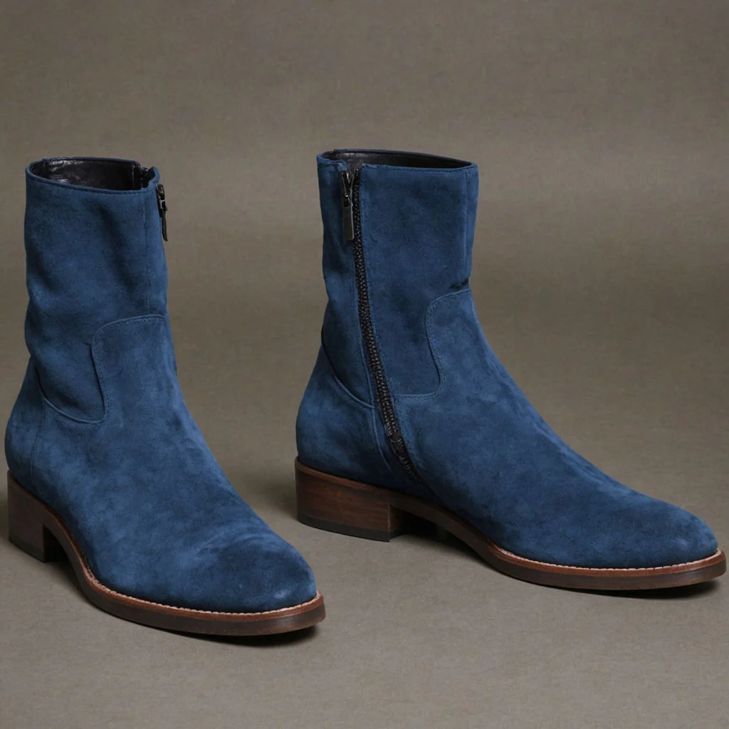 Valente" Blue Suede Leather Slip On Zipper Boots for Men