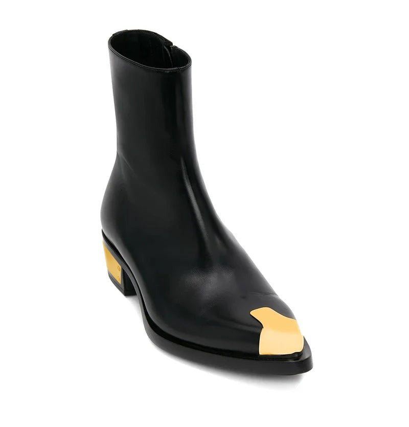 Punk Black Leather Boots with Golden Toe – Bold Streetwear Statement Footwear