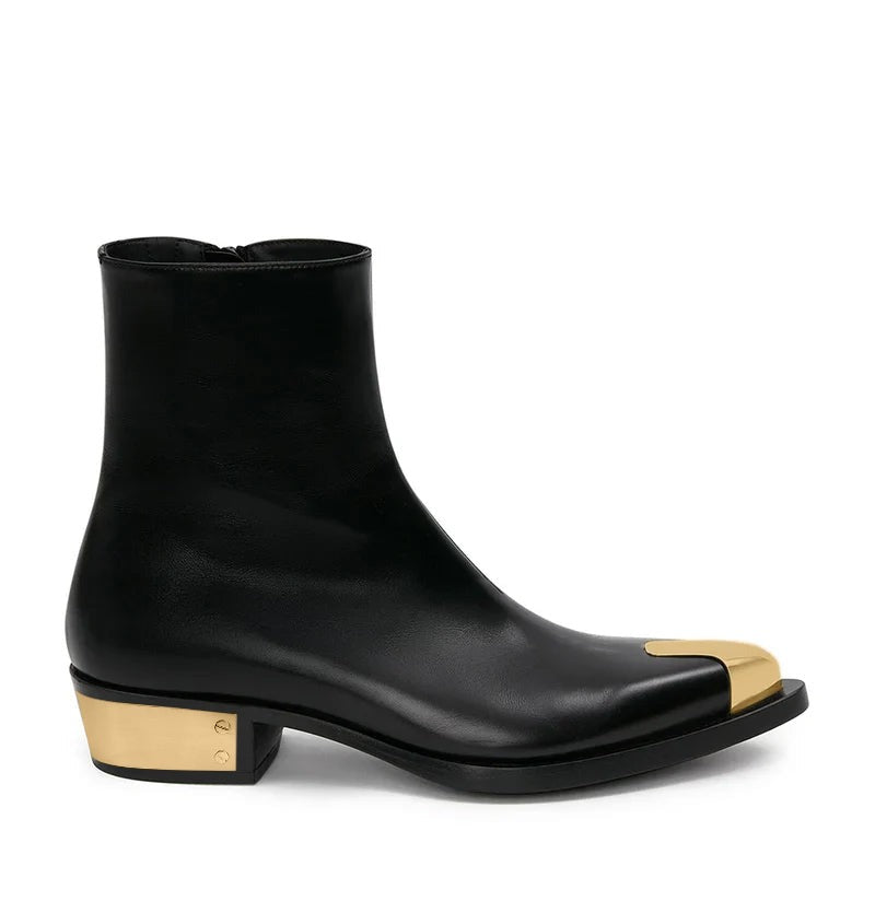 Punk Black Leather Boots with Golden Toe – Bold Streetwear Statement Footwear
