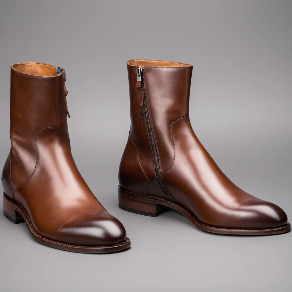 Valente" Cognac Leather Slip On Zipper Boots for Men