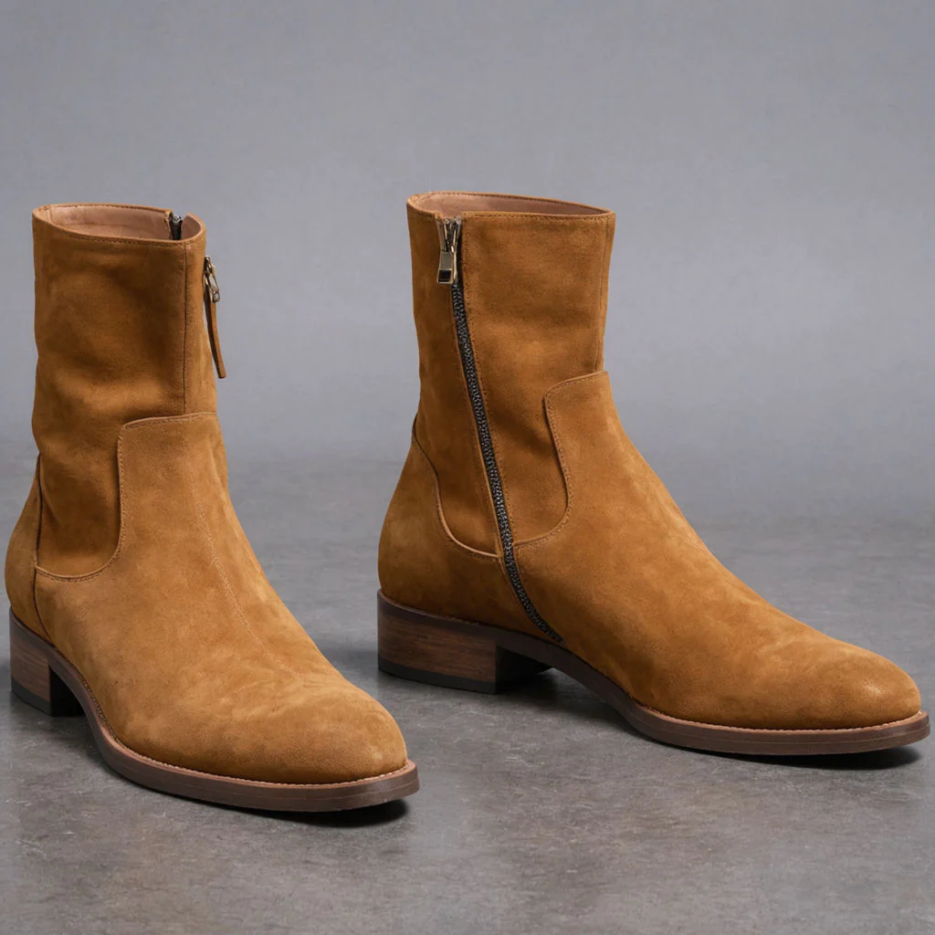Valente" Light Brown Suede Leather Slip On Zipper Boots for Men