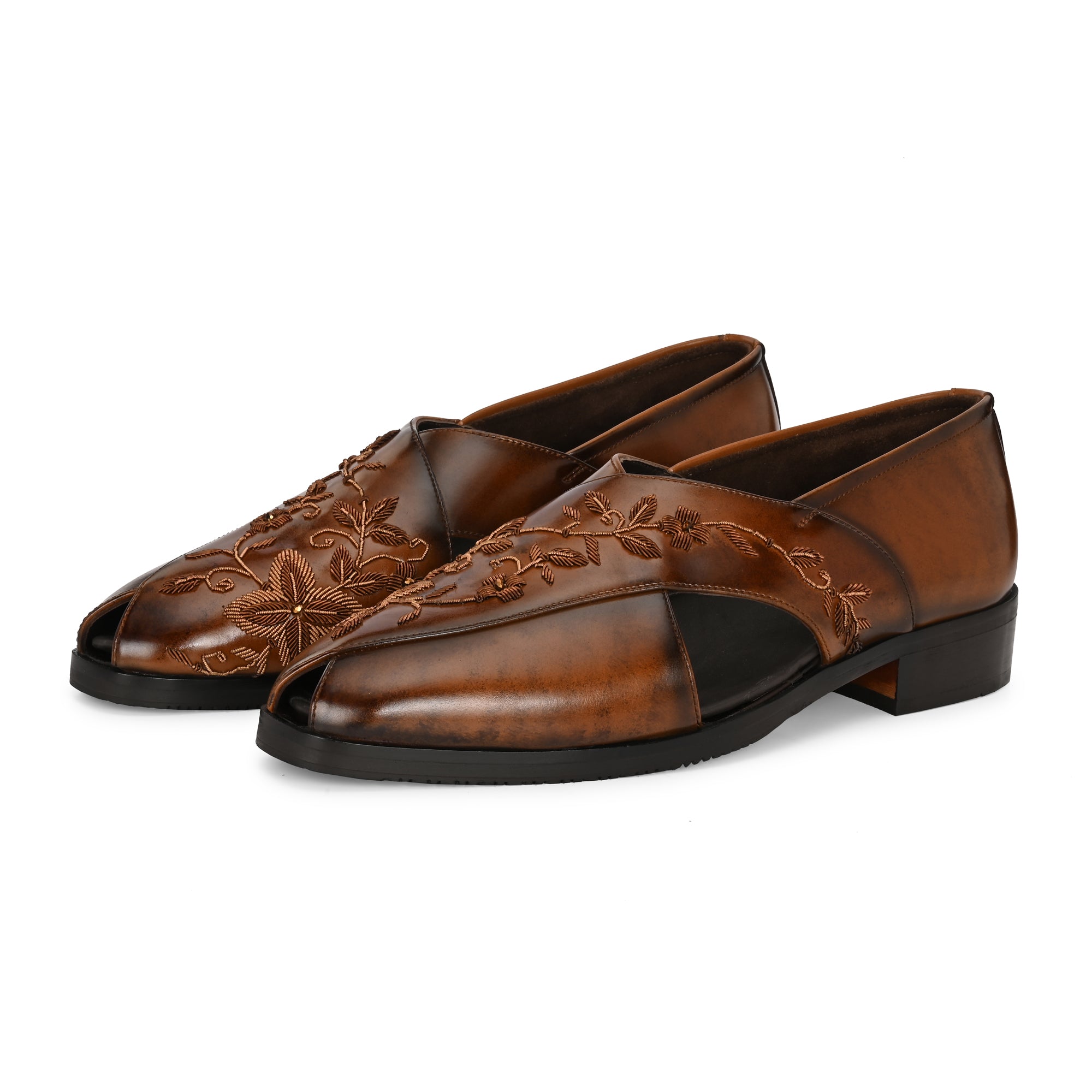 Handcrafted Men’s Brown Embossed Leather Sandals
