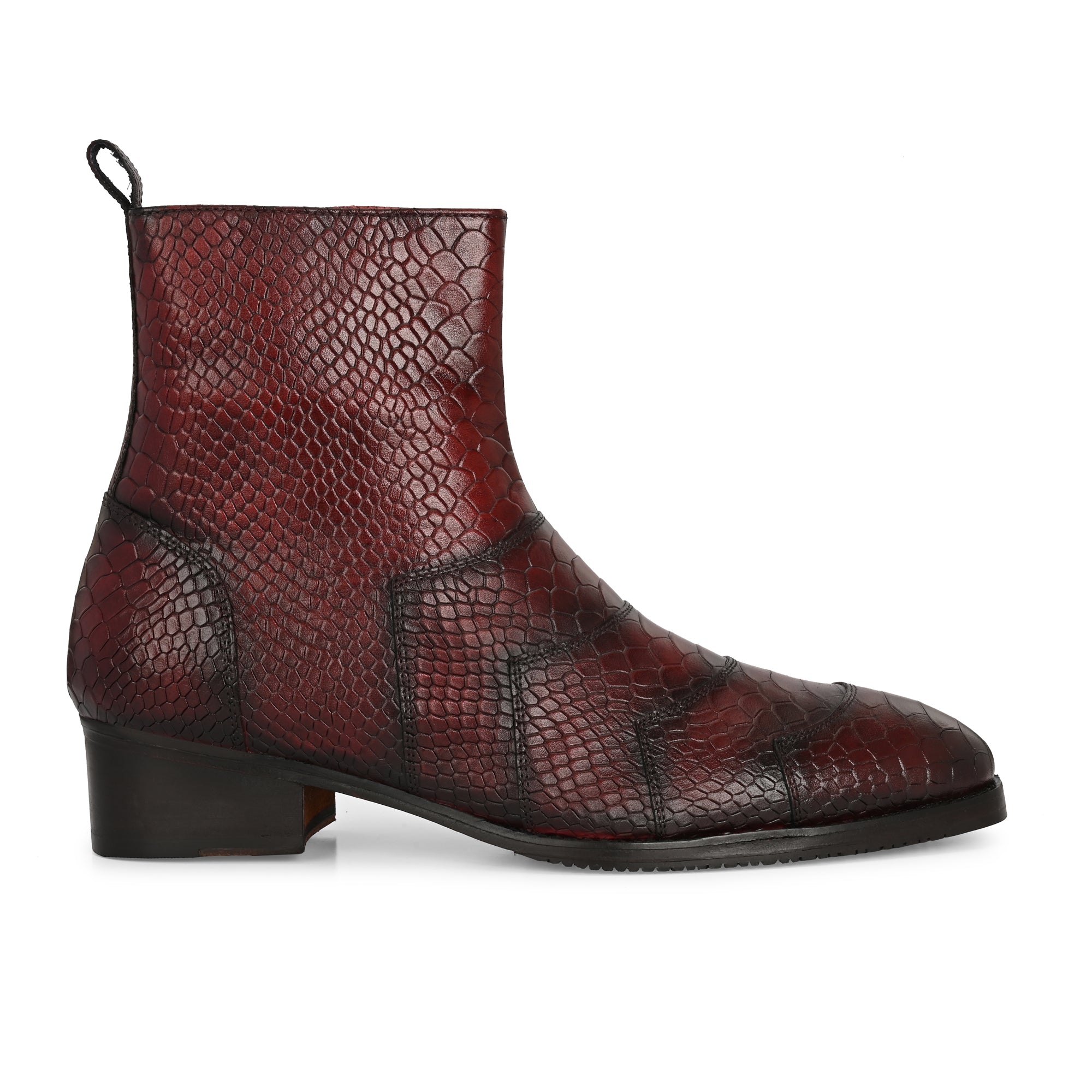 Premium Burgundy Python-Print Leather Ankle Boots for Men