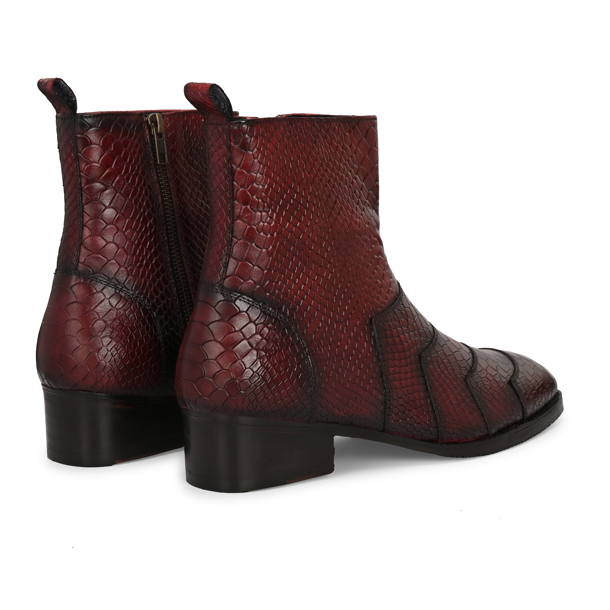 Premium Burgundy Python-Print Leather Ankle Boots for Men