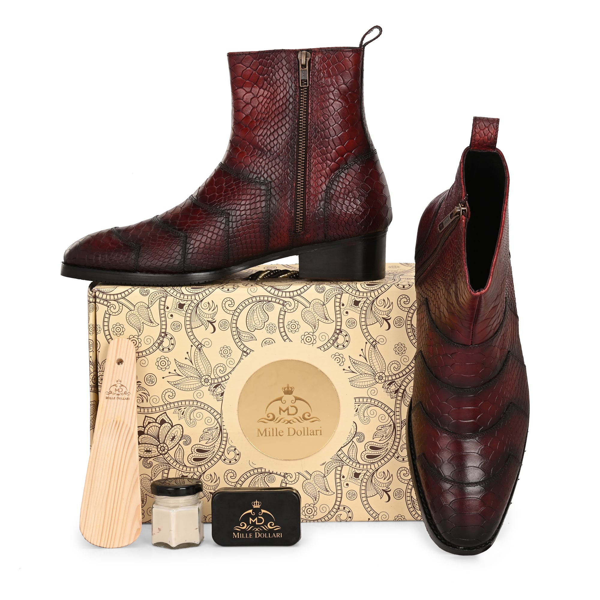 Premium Burgundy Python-Print Leather Ankle Boots for Men