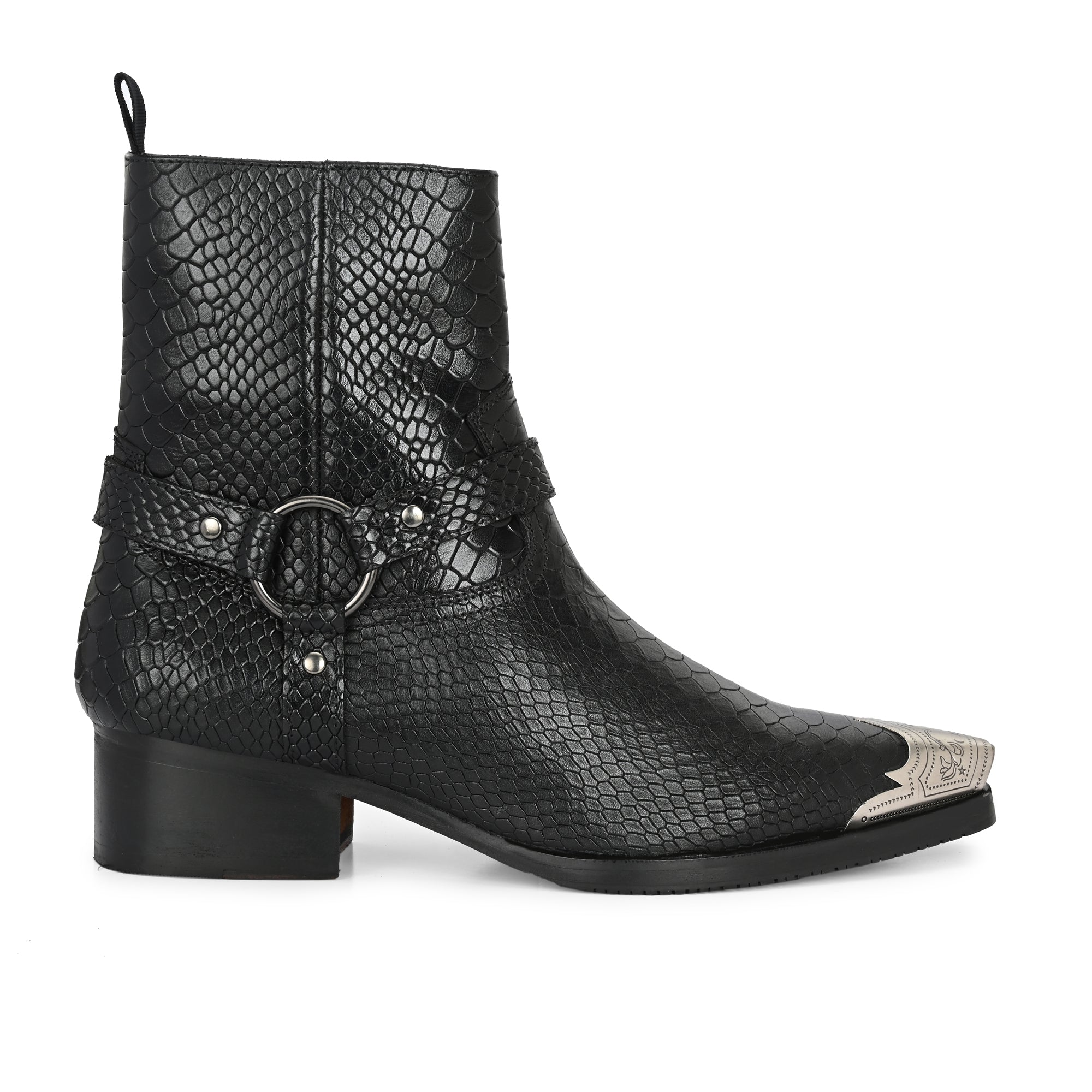 Men’s Black Snakeskin Leather Western Ankle Boots with Metal Toe Cap
