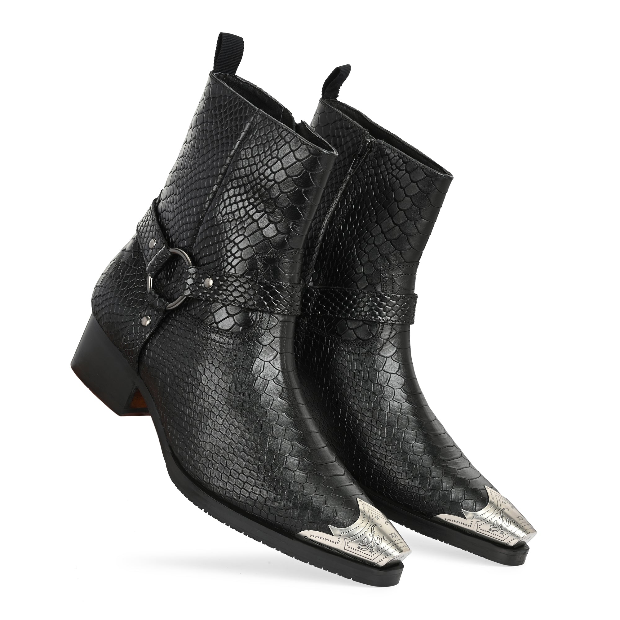 Men’s Black Snakeskin Leather Western Ankle Boots with Metal Toe Cap