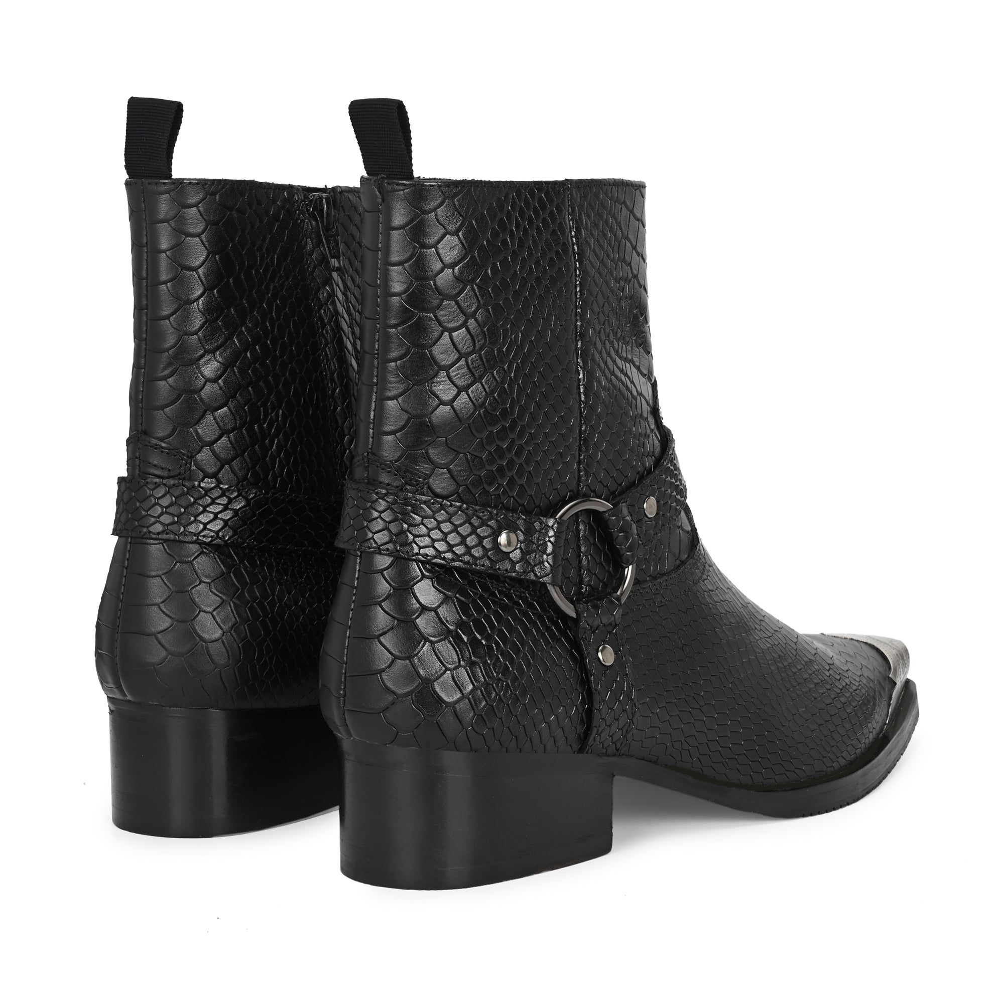 Men’s Black Snakeskin Leather Western Ankle Boots with Metal Toe Cap