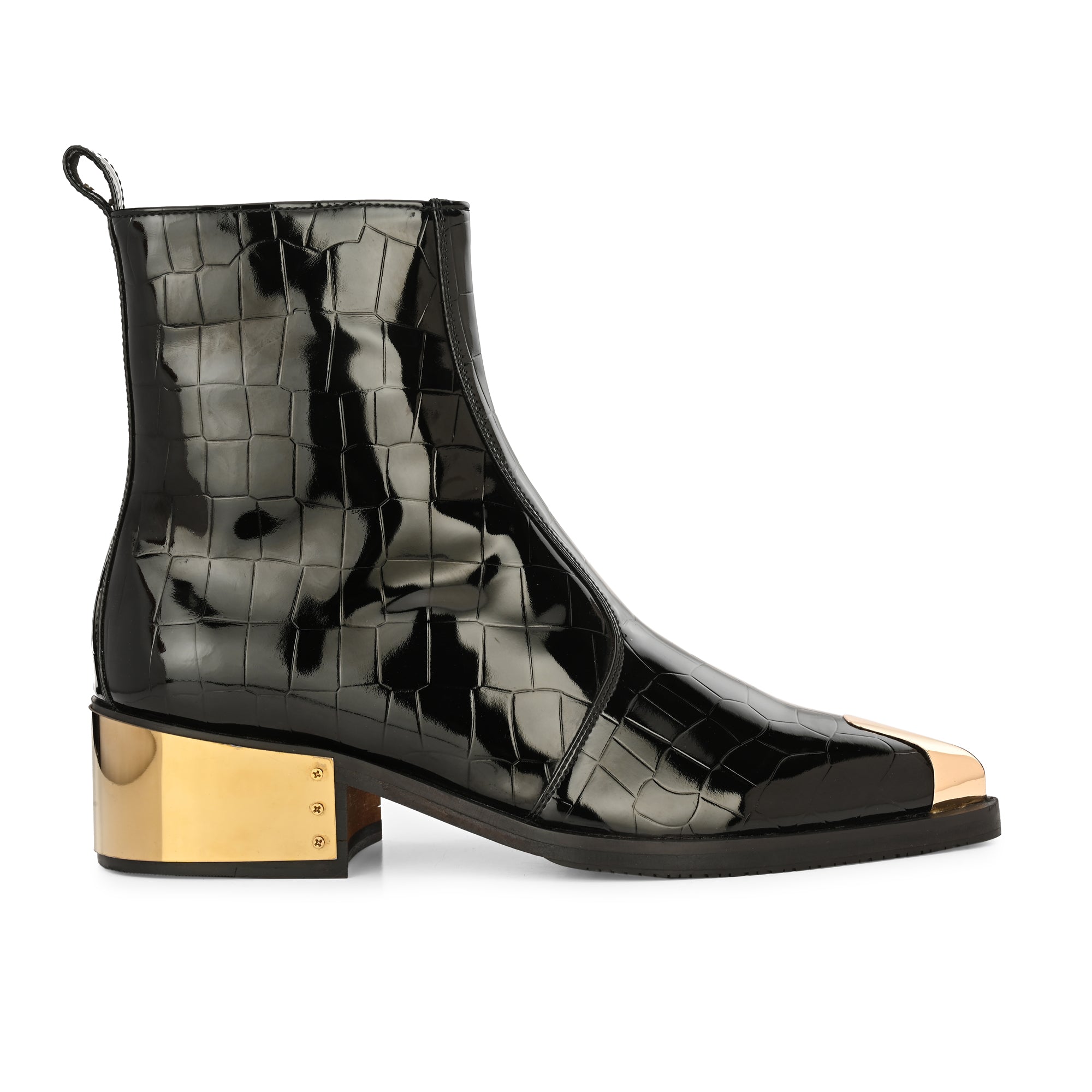 Luxury Black Patent Croc Leather Men’s Ankle Boots with Gold Toe Cap & Heel