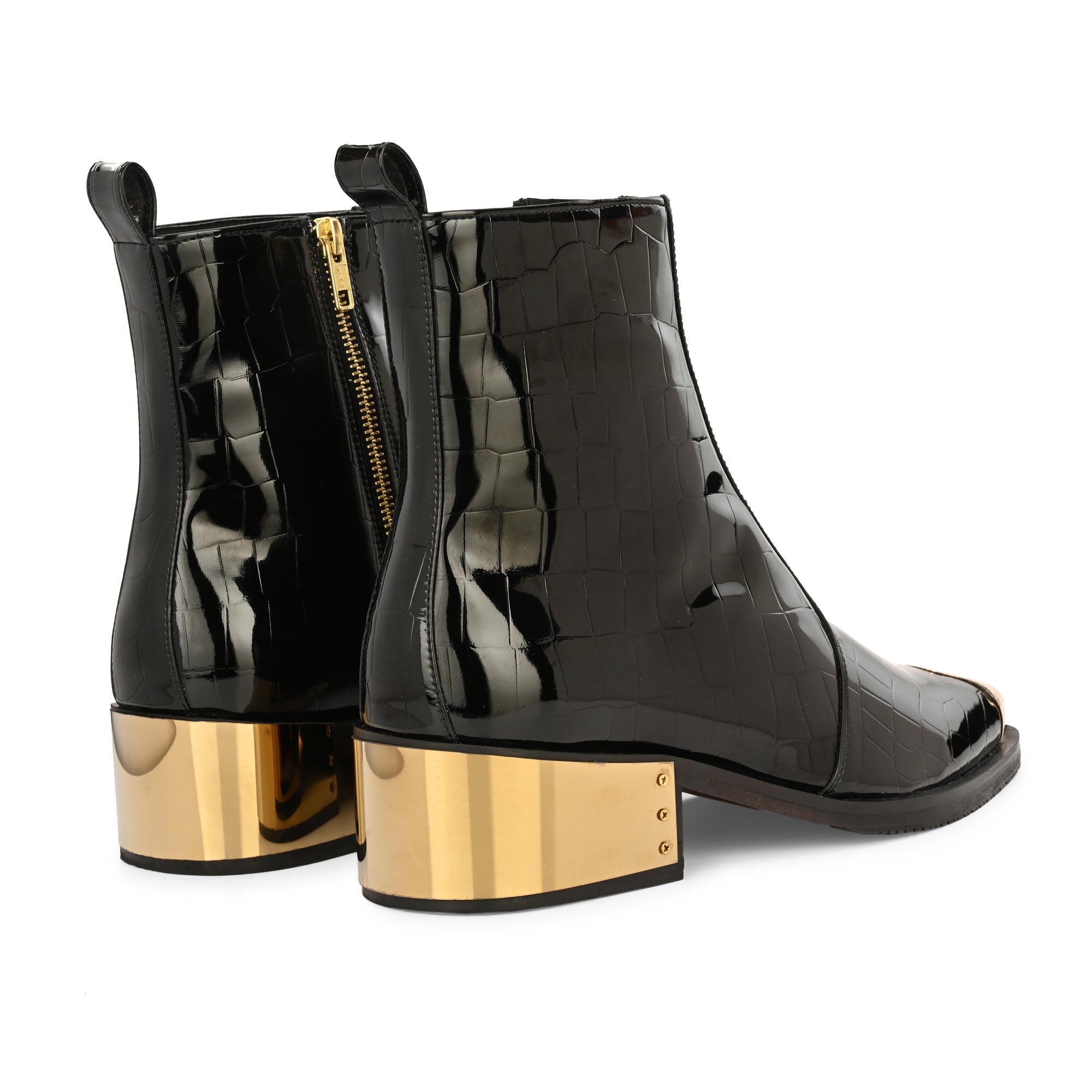 Luxury Black Patent Croc Leather Men’s Ankle Boots with Gold Toe Cap & Heel