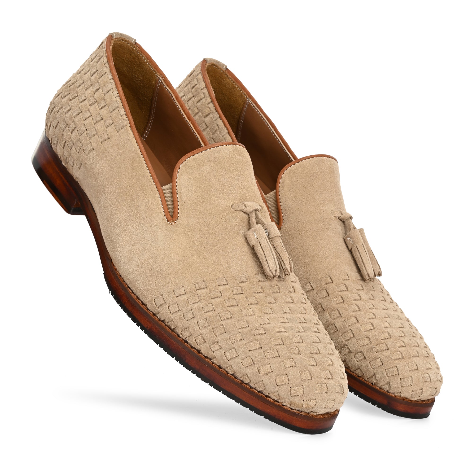 Men’s Beige Suede Woven Tassel Loafers