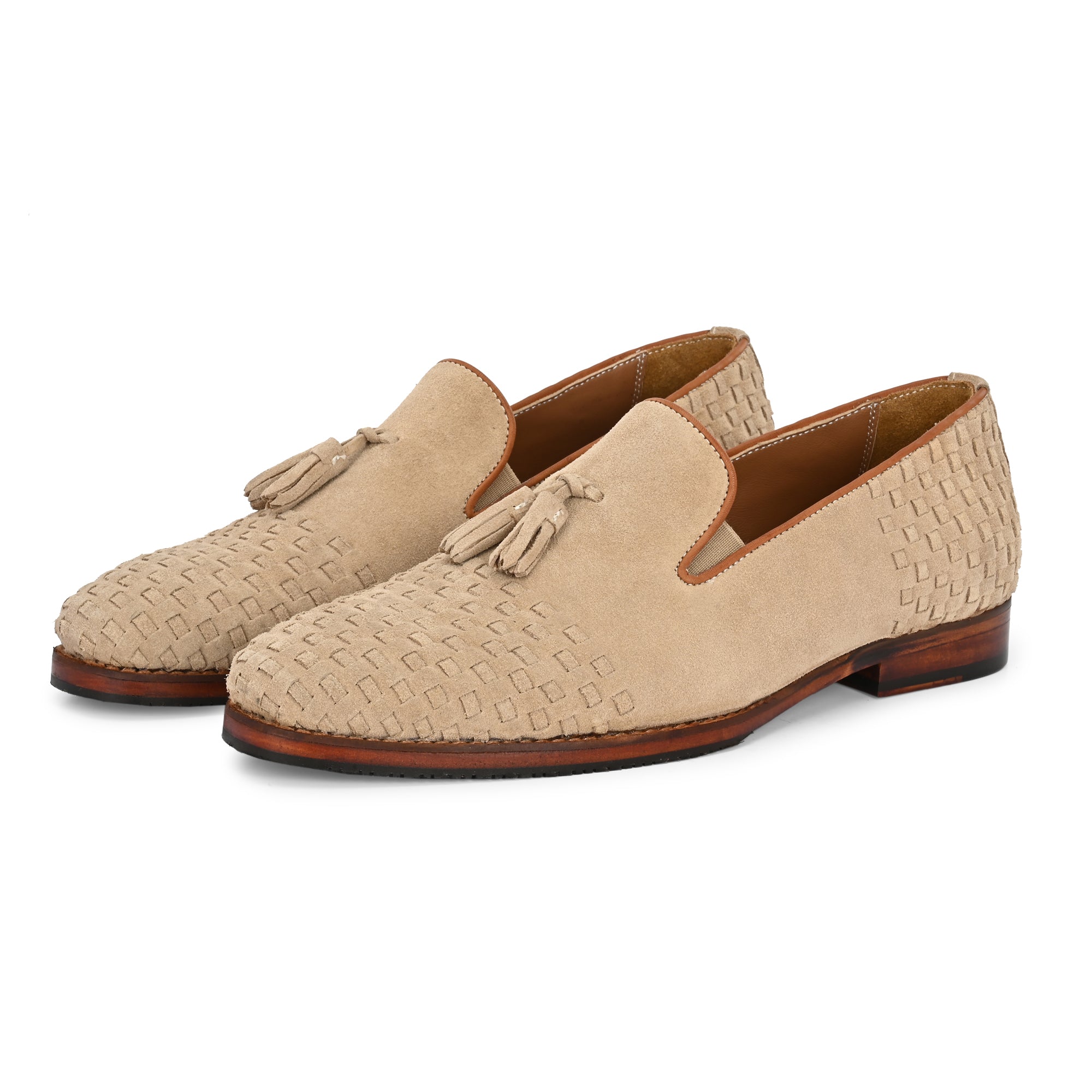 Men’s Beige Suede Woven Tassel Loafers