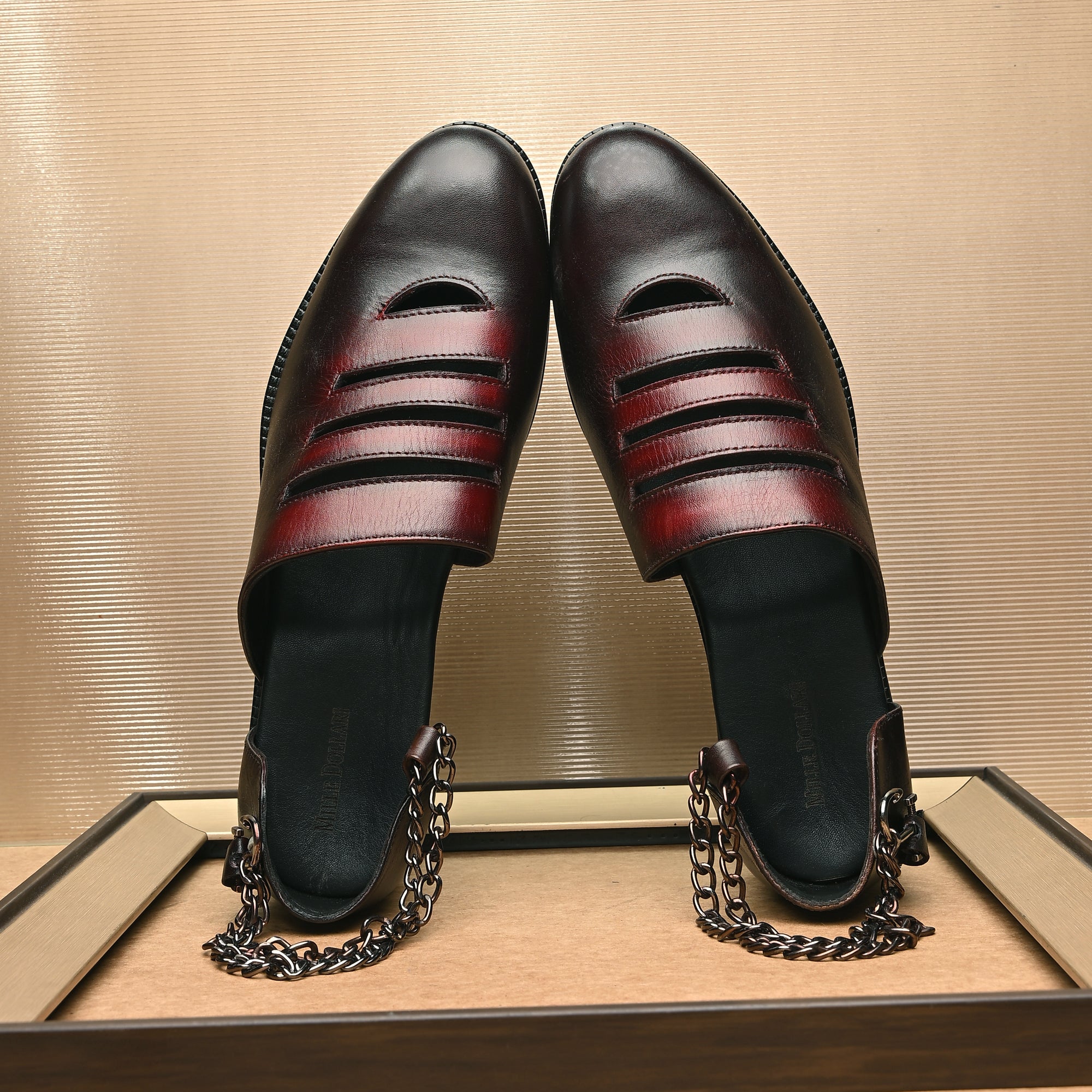 Men’s handcrafted burgundy and black patina leather cut-out sandals with metal chain heel strap
