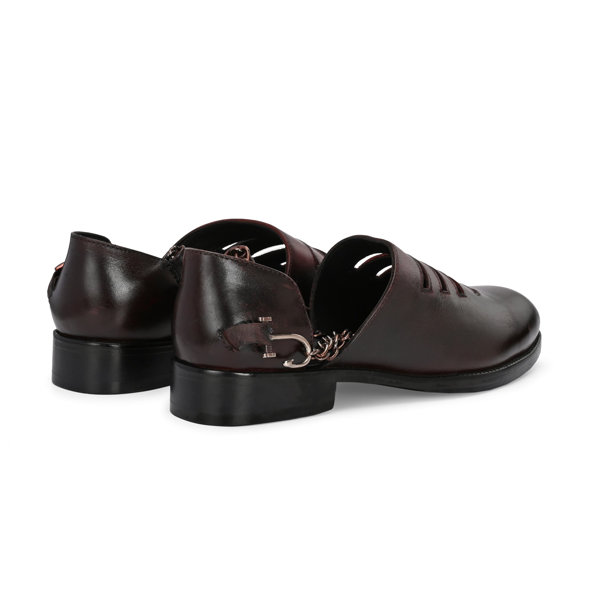 Handcrafted Men’s Leather Cut-Out Sandals with Chain Strap