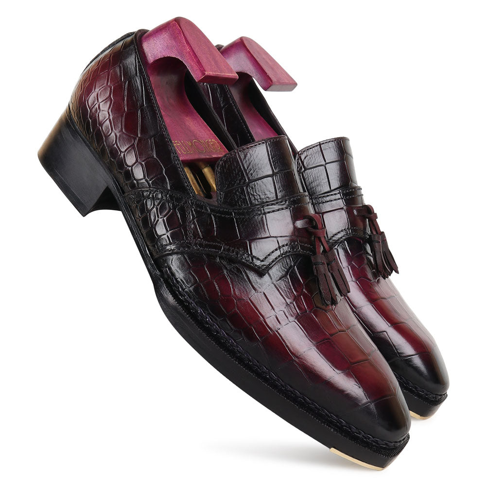 Men’s Burgundy Croc Textured Leather Tassel Loafers | Premium Formal Slip-On Dress Shoes