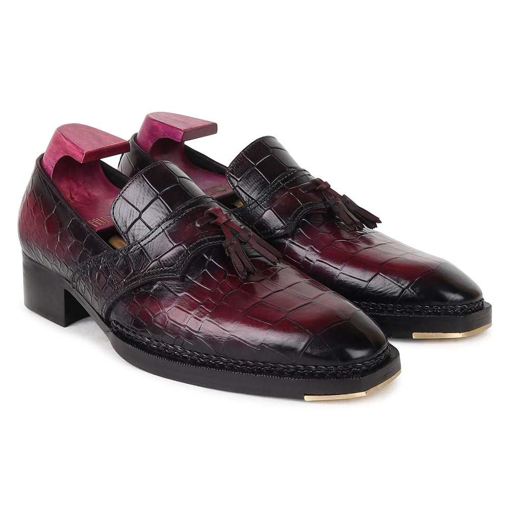 Men’s Burgundy Croc Textured Leather Tassel Loafers | Premium Formal Slip-On Dress Shoes
