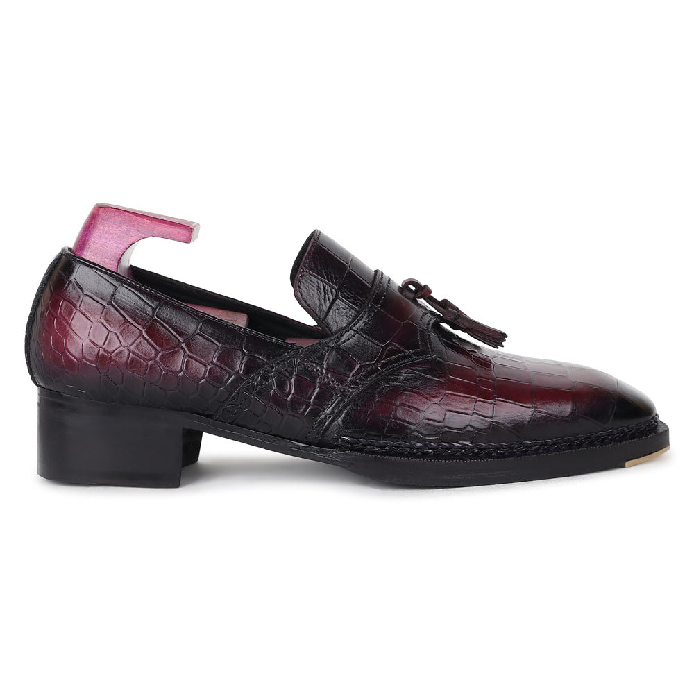 Men’s Burgundy Croc Textured Leather Tassel Loafers | Premium Formal Slip-On Dress Shoes