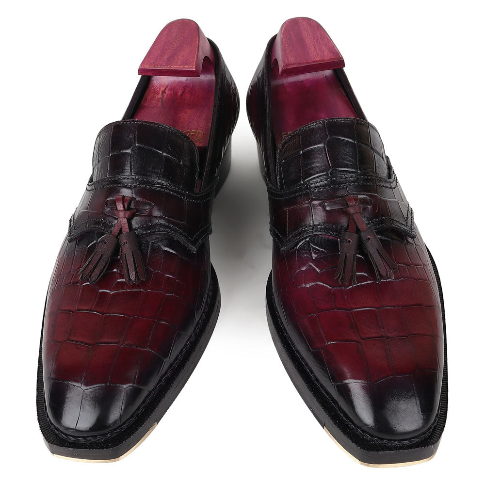 Men’s Burgundy Croc Textured Leather Tassel Loafers | Premium Formal Slip-On Dress Shoes