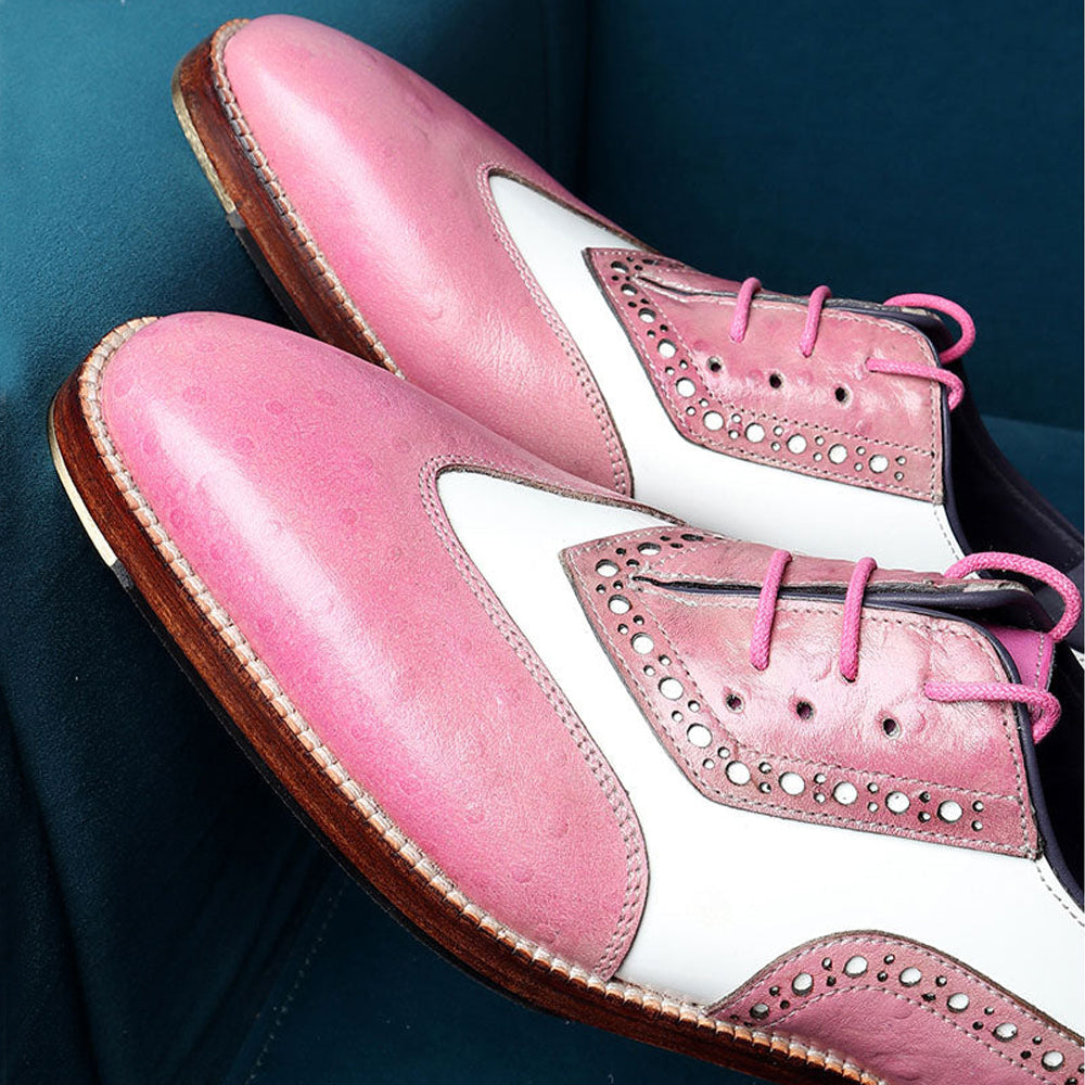 Pink & White Two-Tone Leather Brogue Oxford Shoes for Men