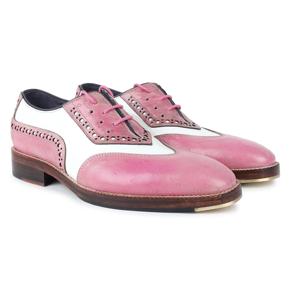 Pink & White Two-Tone Leather Brogue Oxford Shoes for Men