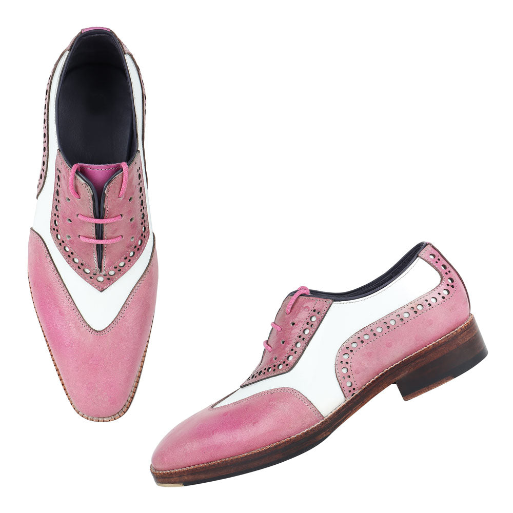 Pink & White Two-Tone Leather Brogue Oxford Shoes for Men