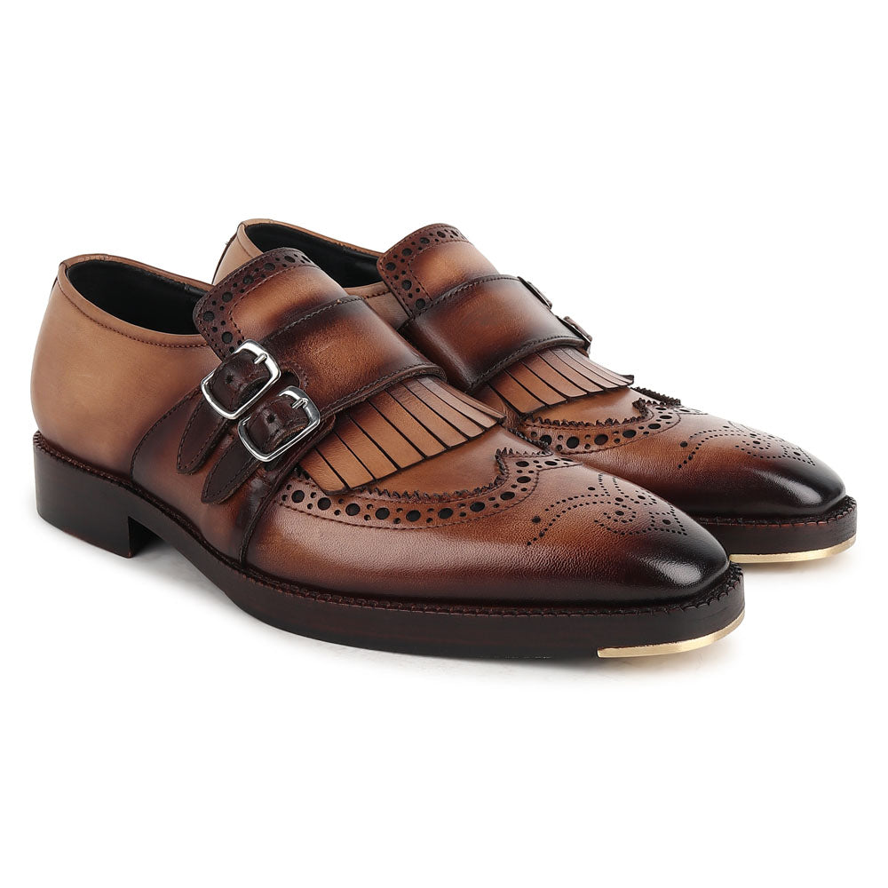 Men’s Tan Brown Leather Double Monk Strap Brogue Shoes | Premium Formal Buckle Dress Shoes