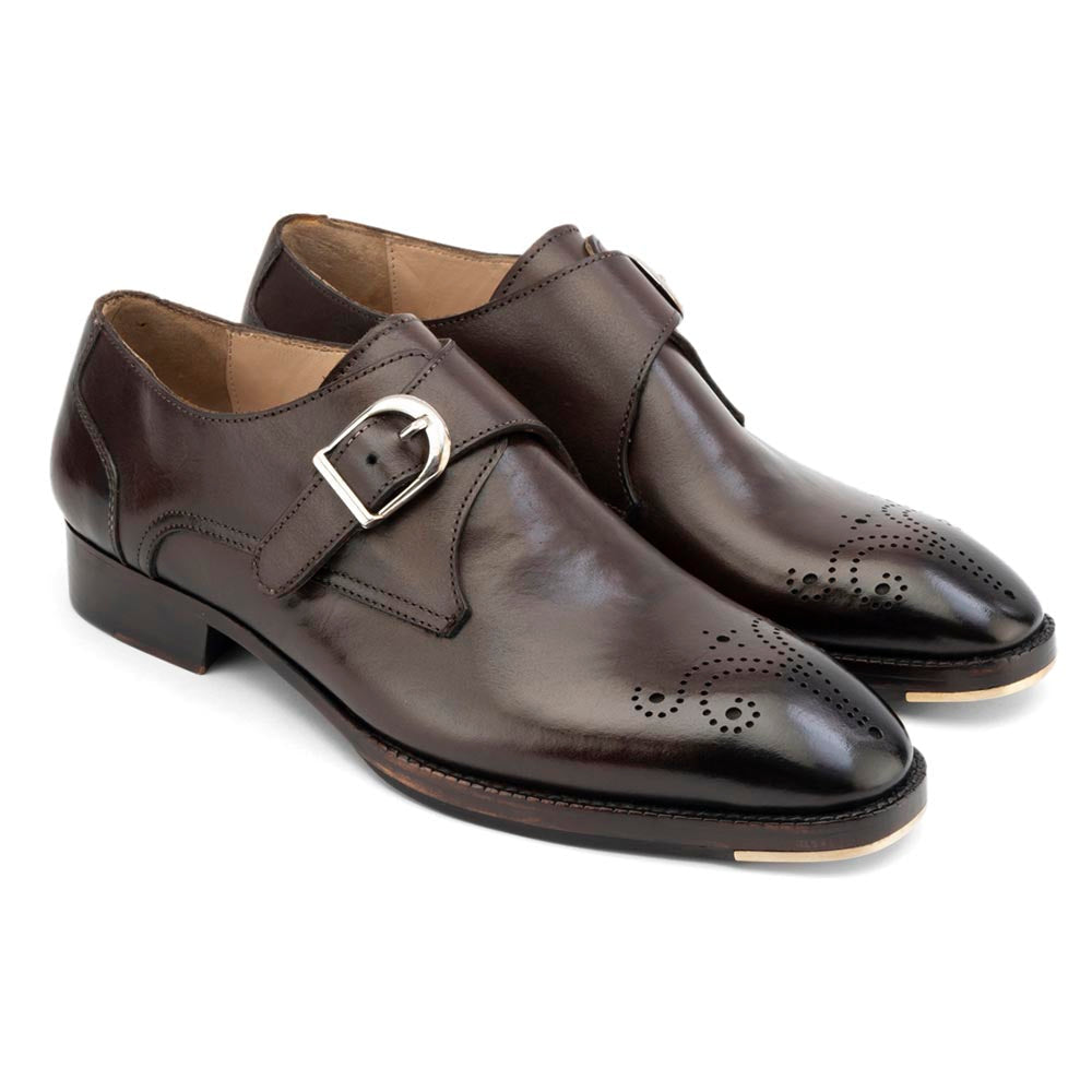 Men’s dark brown leather monk strap shoes with brogue toe detailing and single buckle closure – premium formal footwear for men