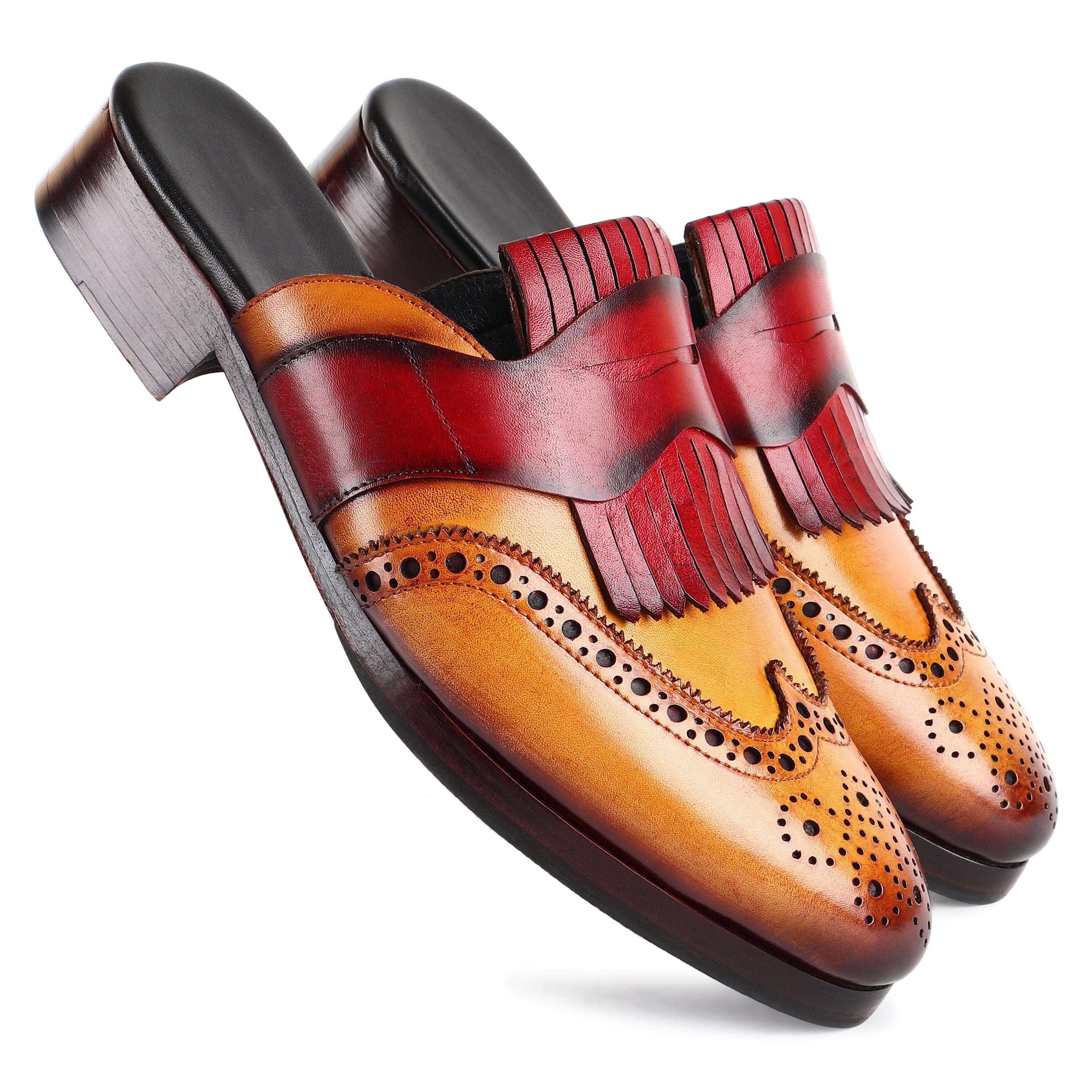 Men’s Tan & Burgundy Two-Tone Leather Kiltie Tassel Brogue Loafers | Premium Formal Slip-On Shoes