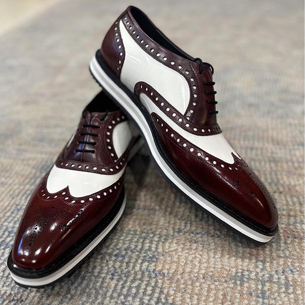 Men’s Burgundy & White Two-Tone Leather Brogue Oxford Shoes | Vintage Wingtip Lace-Up Formal Shoes