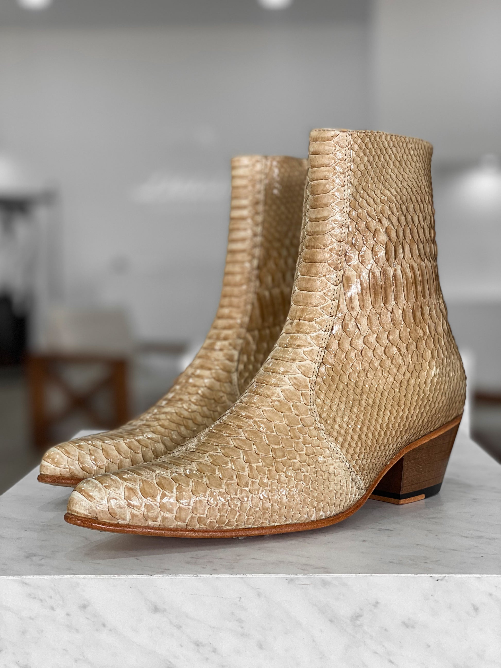 Men’s Beige Python Leather Ankle Boots | Exotic Snakeskin Texture | Premium Side Zip Luxury Boots