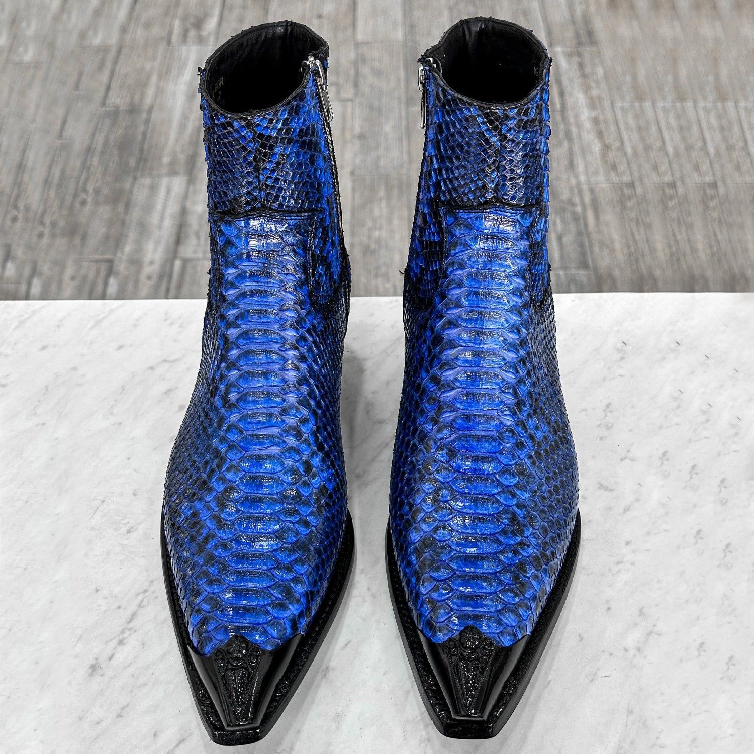 Men’s blue python leather ankle boots with exotic snakeskin texture and side zipper, luxury handcrafted leather boots