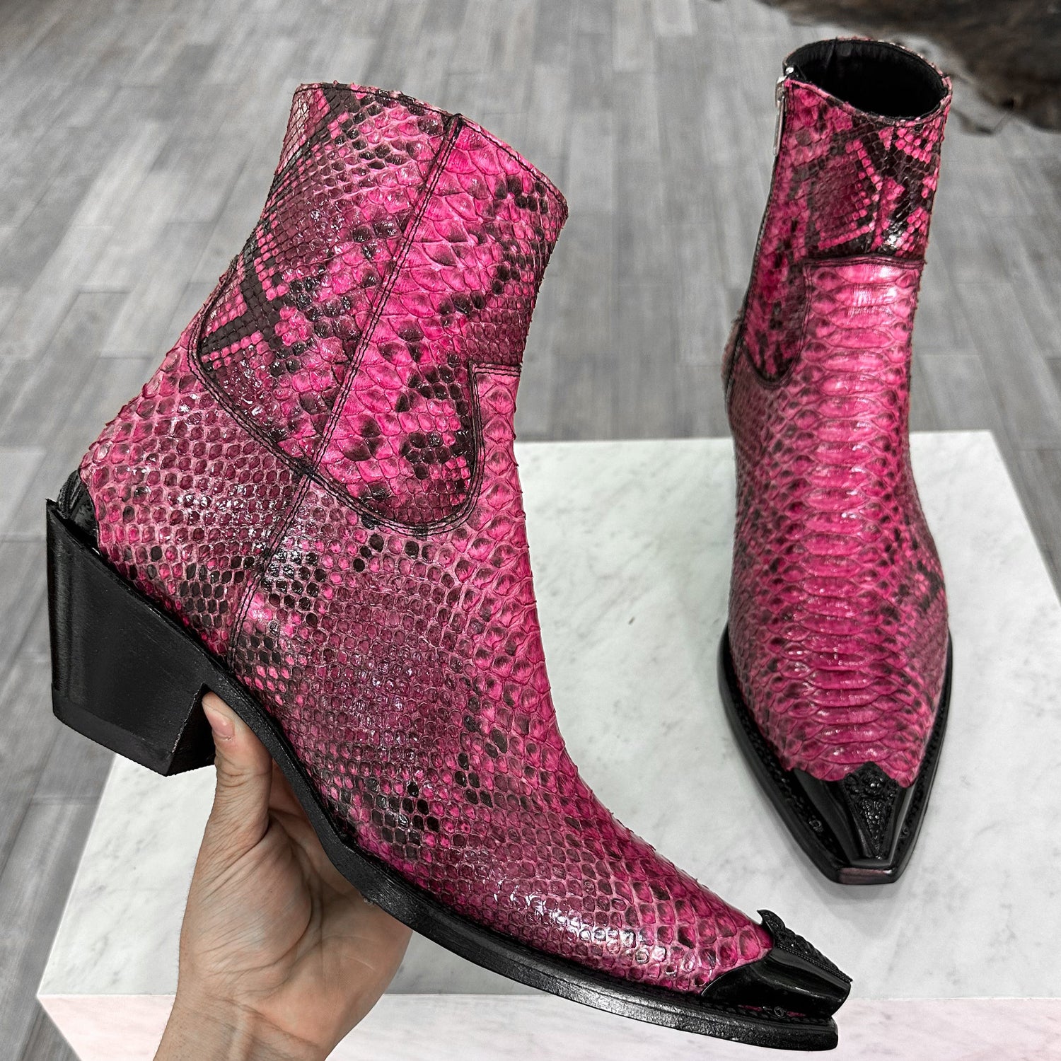 Men’s Pink Python Texture Leather Ankle Boots | Luxury Exotic Skin Zip-Up Dress Boots