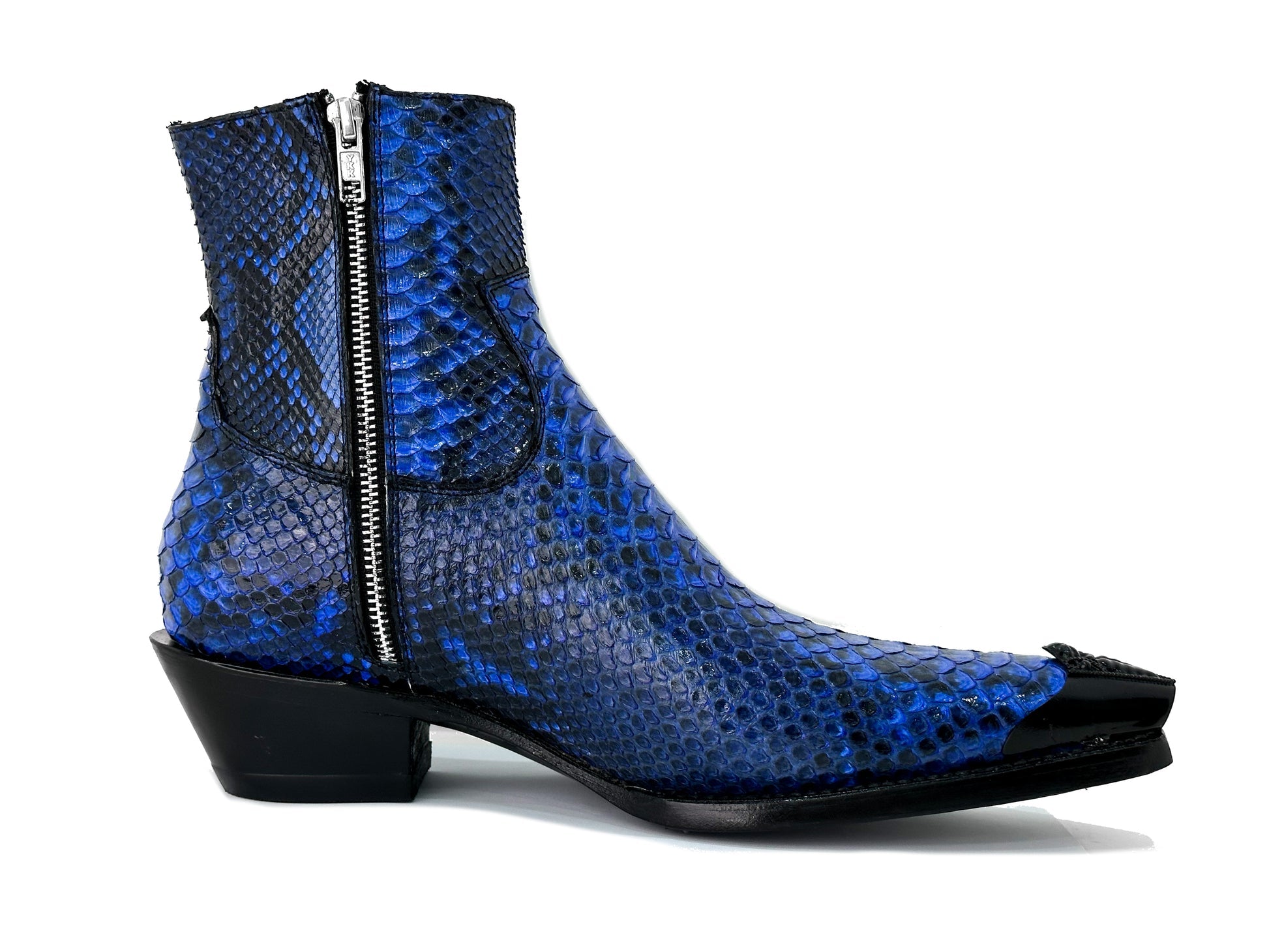Men’s Blue Python Leather Ankle Boots | Exotic Snakeskin Texture | Side Zipper Luxury Boots