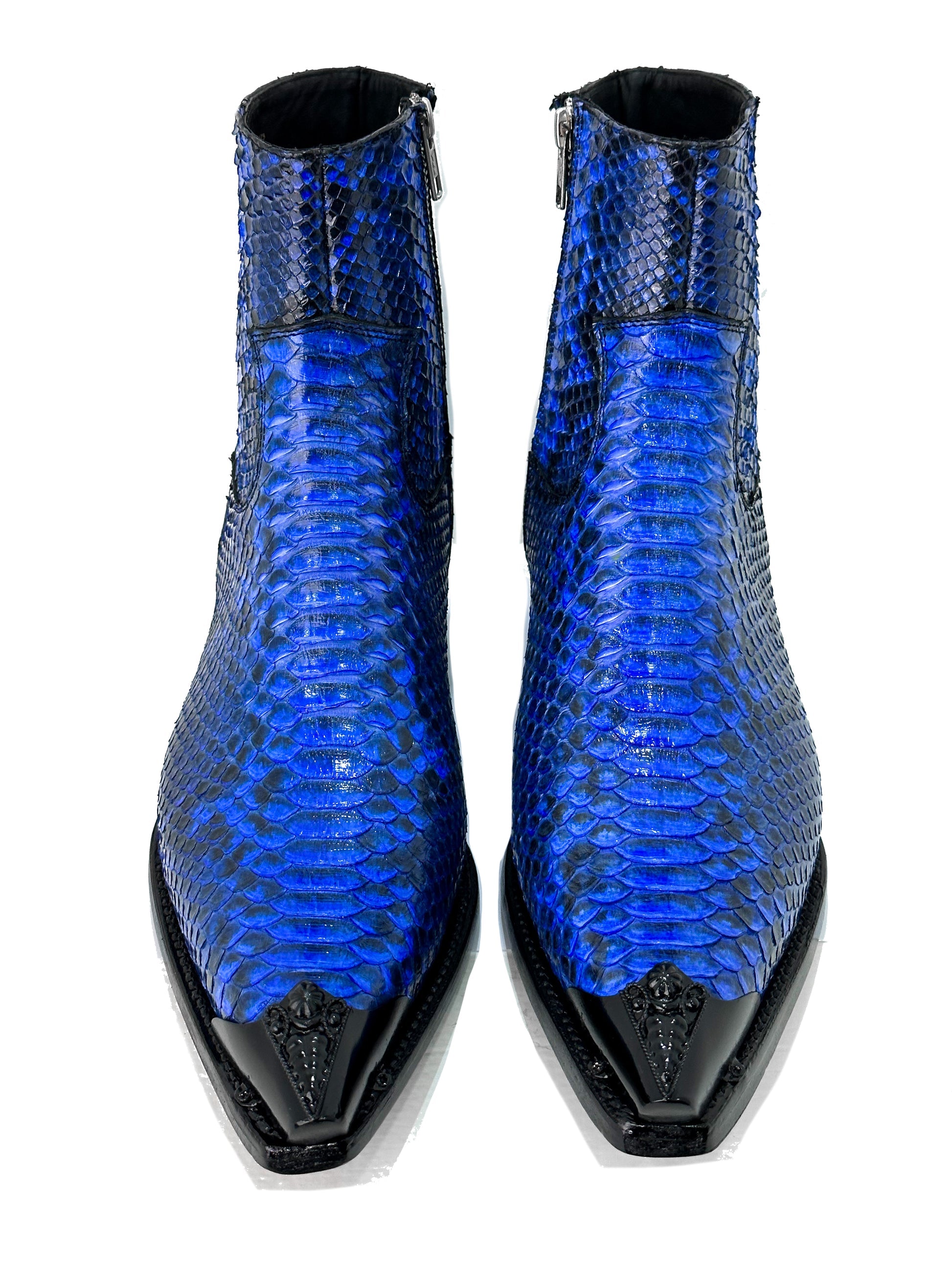 Men’s Blue Python Leather Ankle Boots | Exotic Snakeskin Texture | Side Zipper Luxury Boots