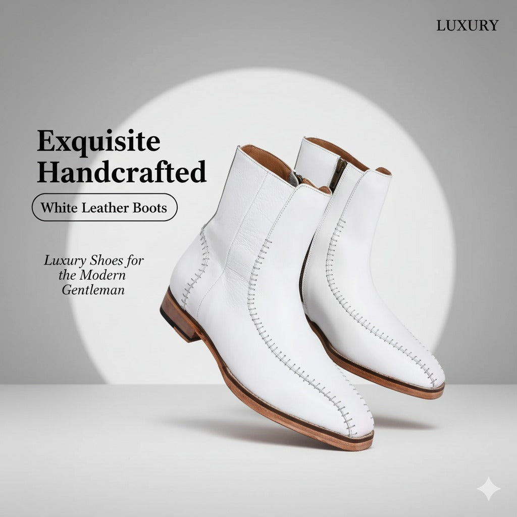 Exquisite Handcrafted White Leather Boots with Intricate Stitching