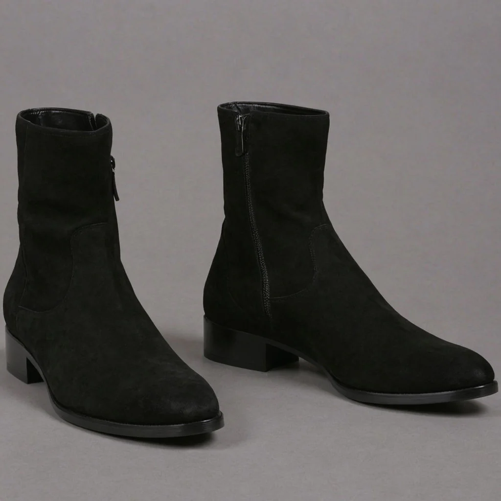 Valente" Black Suede Leather Slip On Zipper Boots for Men