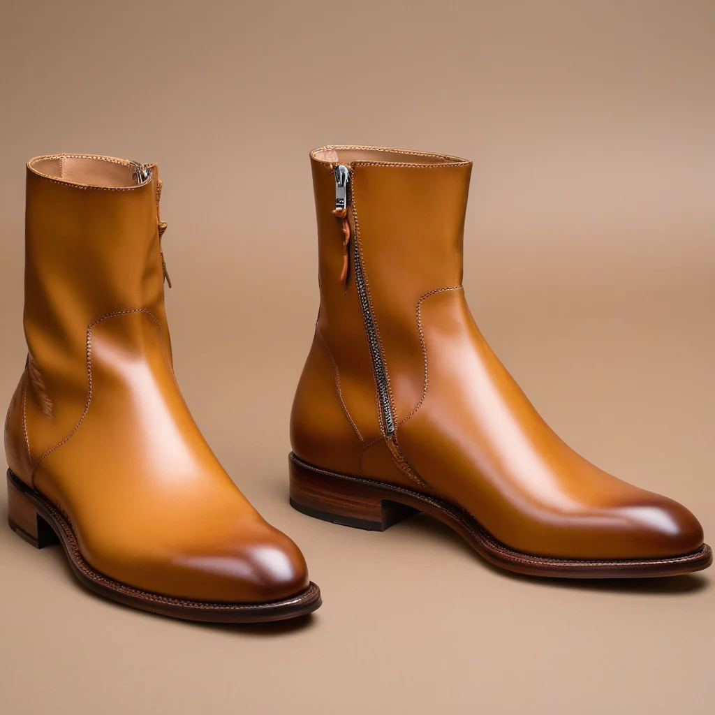 Valente" Tan Cognac Leather Slip On Zipper Boots for Men