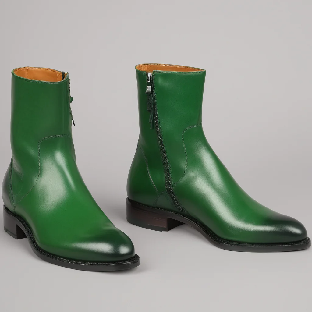 Valente" Green Leather Slip On Zipper Boots for Men